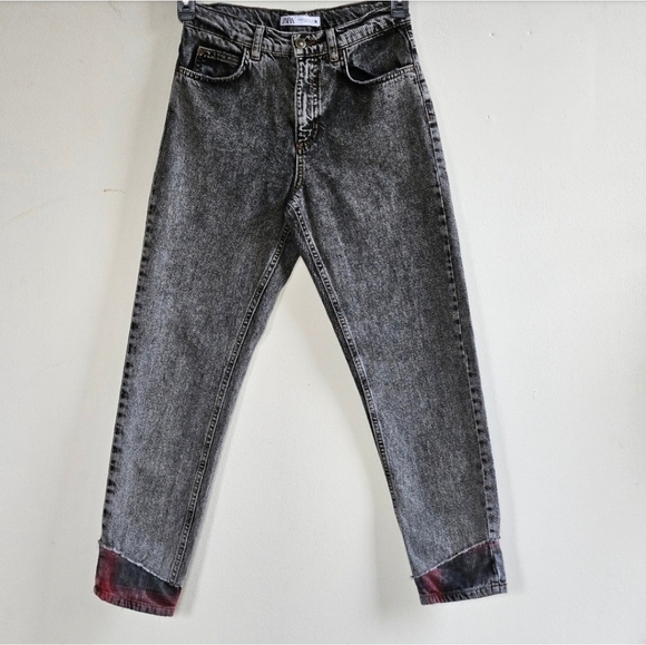 ZARA ACID WASH JEANS BUFFALO PLAID HEM WOMEN'S SIZE 4 - Picture 1 of 11